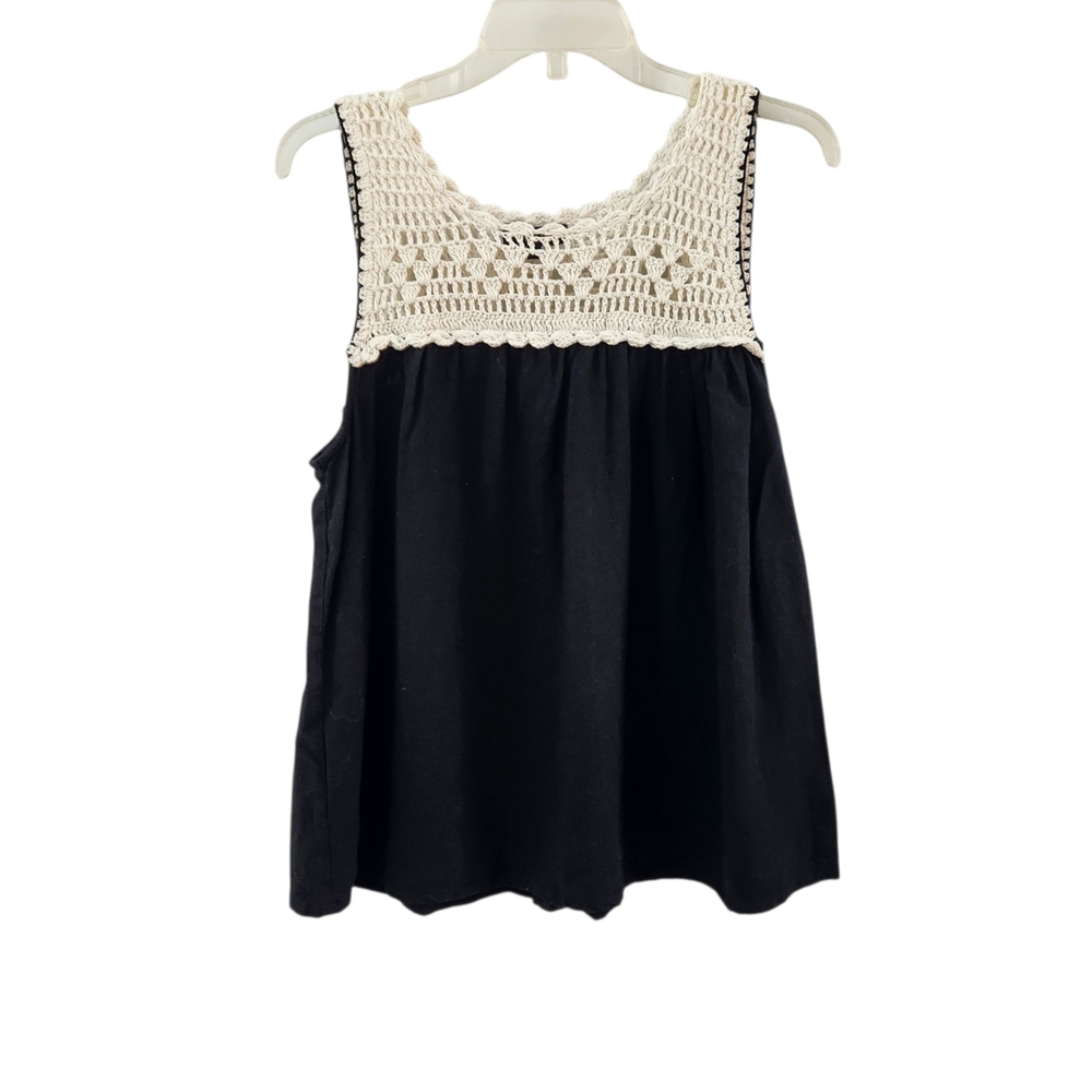 Caroll Paris Black White Top Tank Sleeveless Crochet Boho Shirt Linen Womens 40